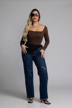 Jean Regular Fit Azul Marino con Rotos y Pañoleta de Encaje Negro DE-274