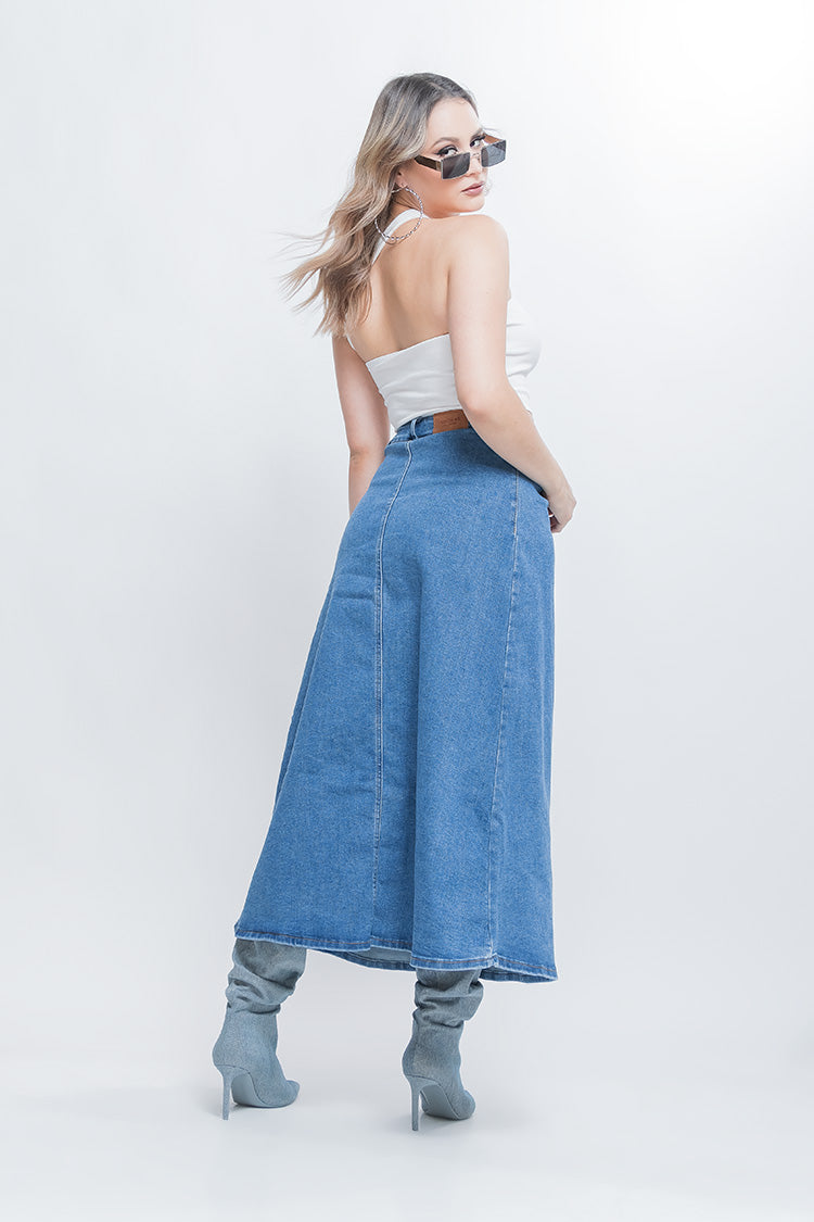 Falda Vaquera Midi de Corte Amplio para Dama