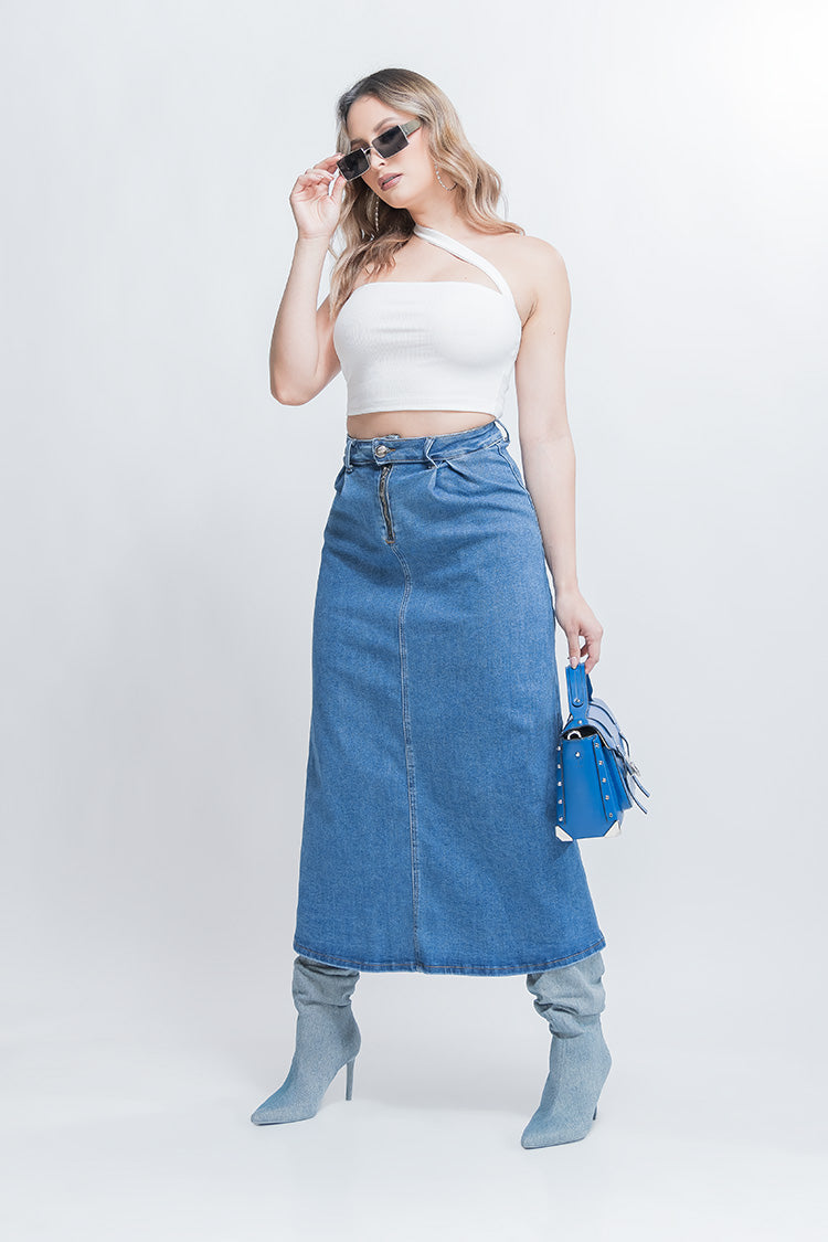 Falda Vaquera Midi de Corte Amplio para Dama