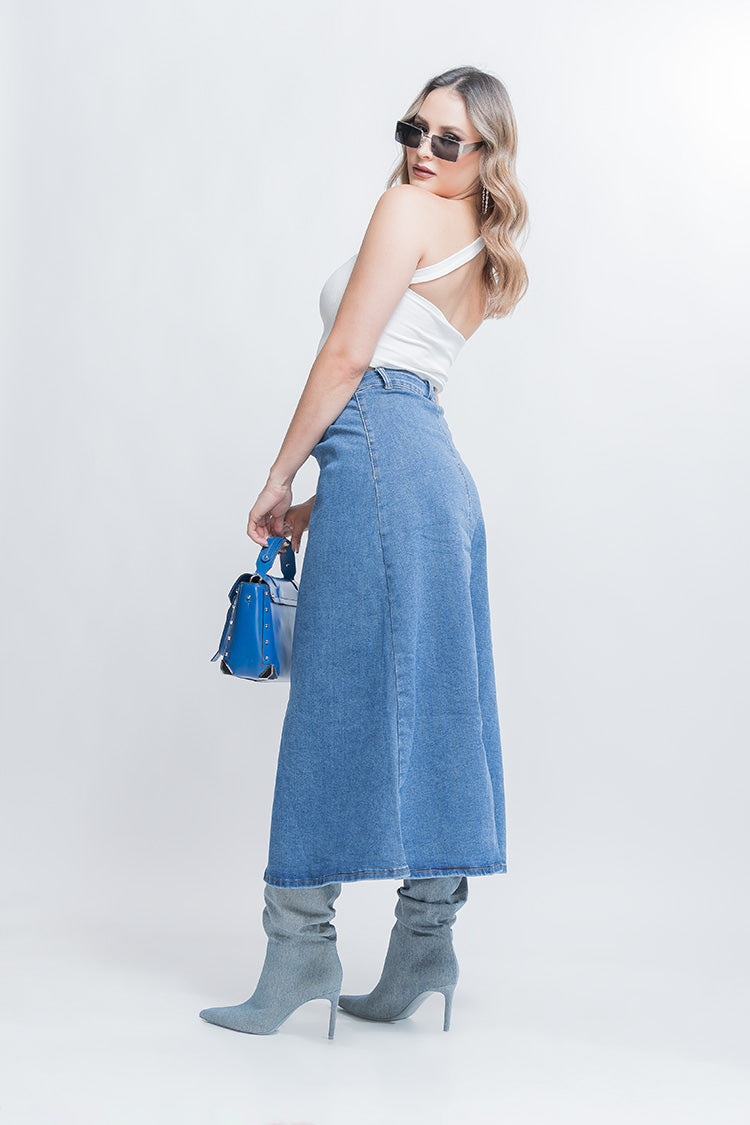 Falda Vaquera Midi de Corte Amplio para Dama