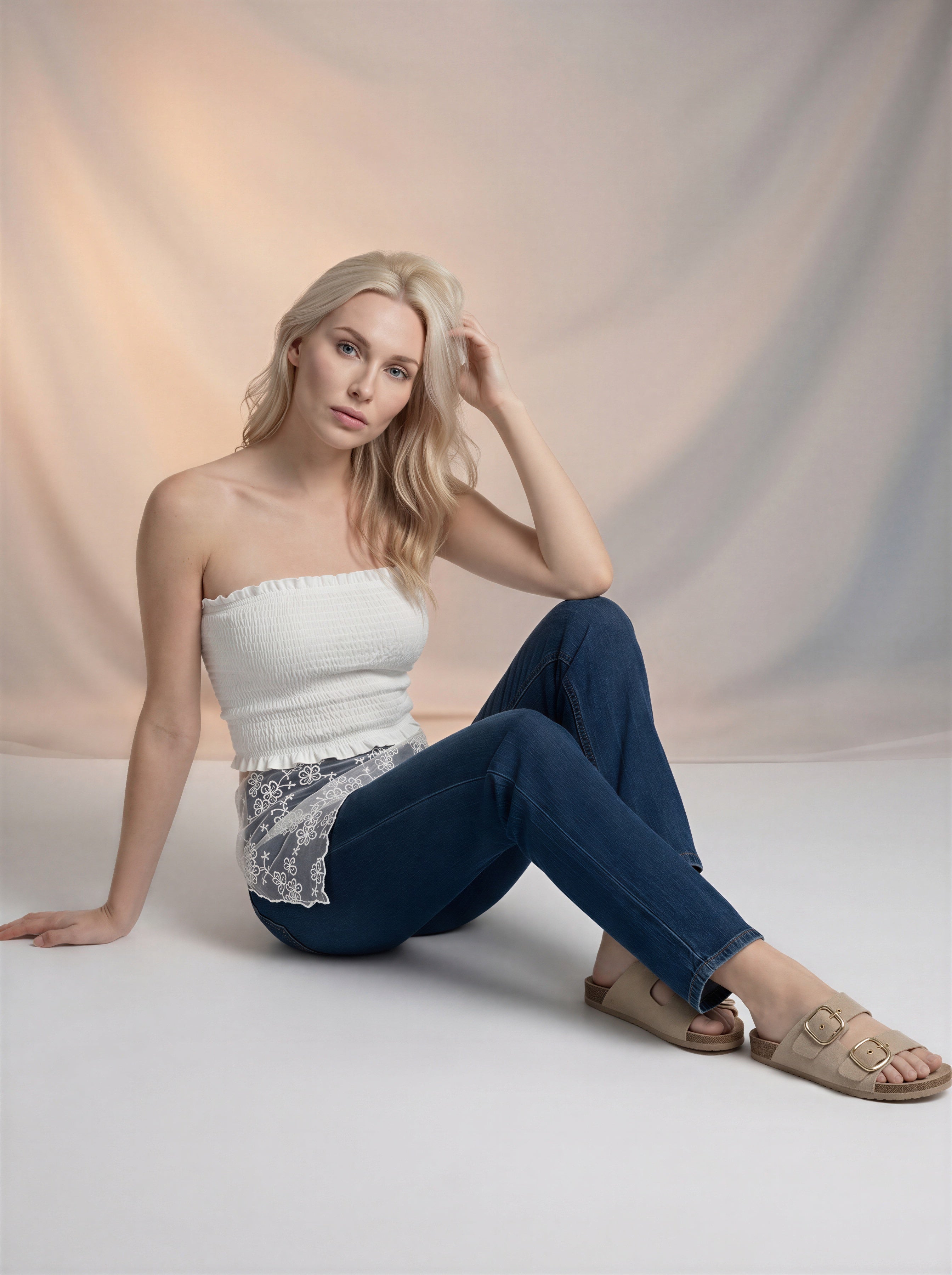 Jean Regular Fit Azul Fuerte con Pañoleta de Encaje Blanca
