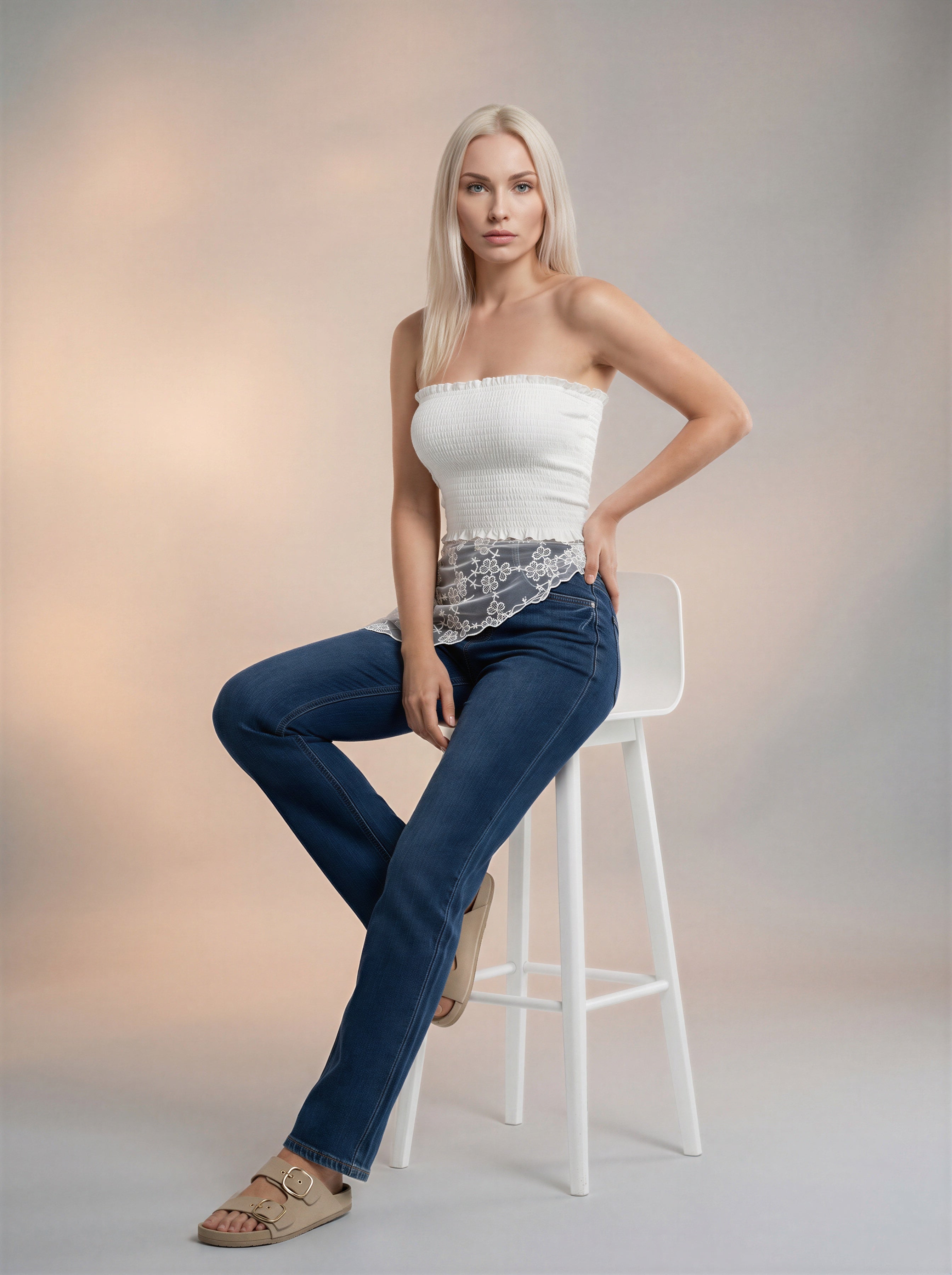 Jean Regular Fit Azul Fuerte con Pañoleta de Encaje Blanca