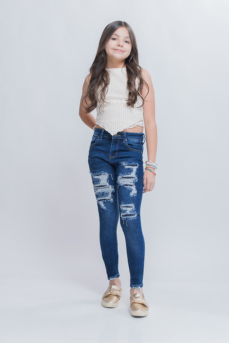 Jeans Skinny Fit de Niña Rotos con Parche