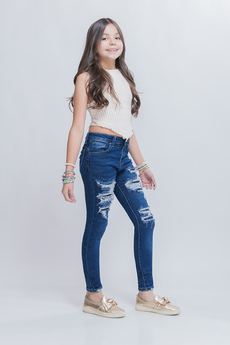Jeans Skinny Fit de Niña Rotos con Parche
