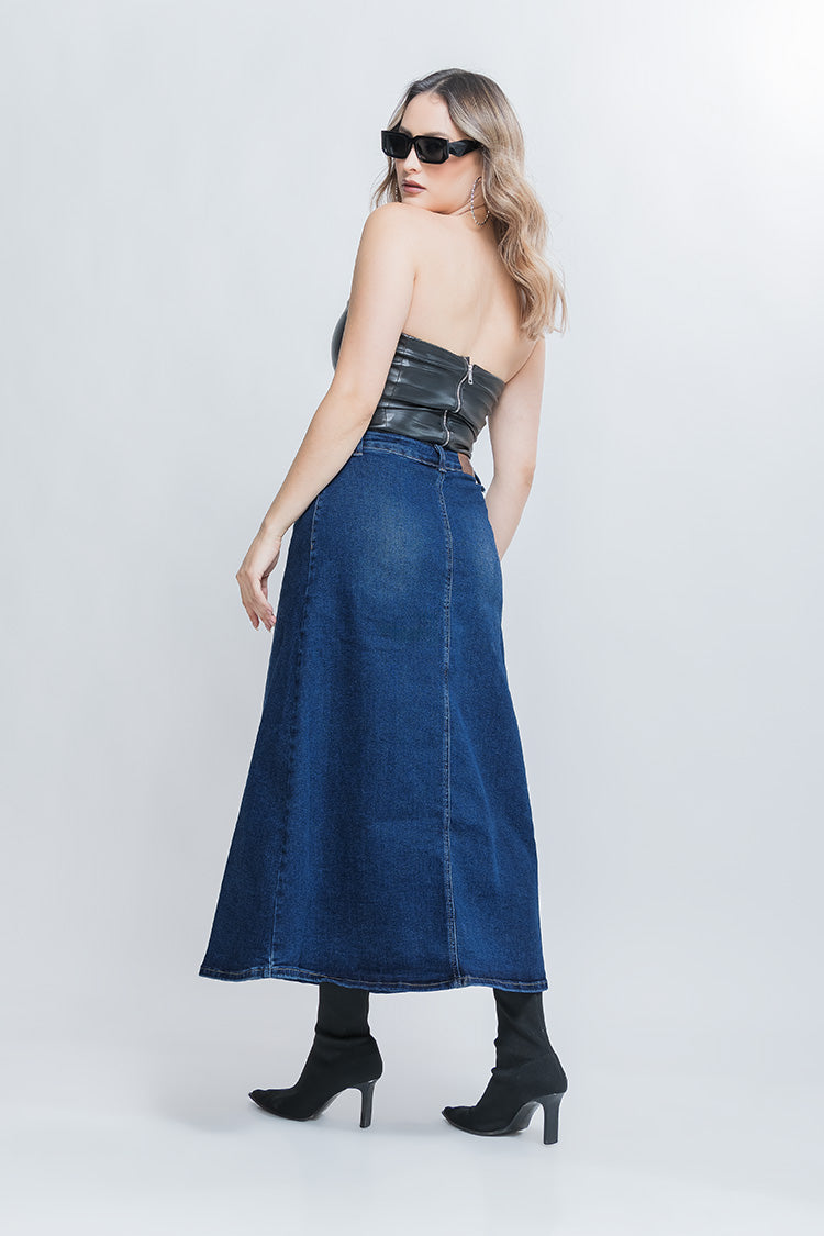 Falda de Mezclilla Vaquera Midi  Azul Marino para Mujer