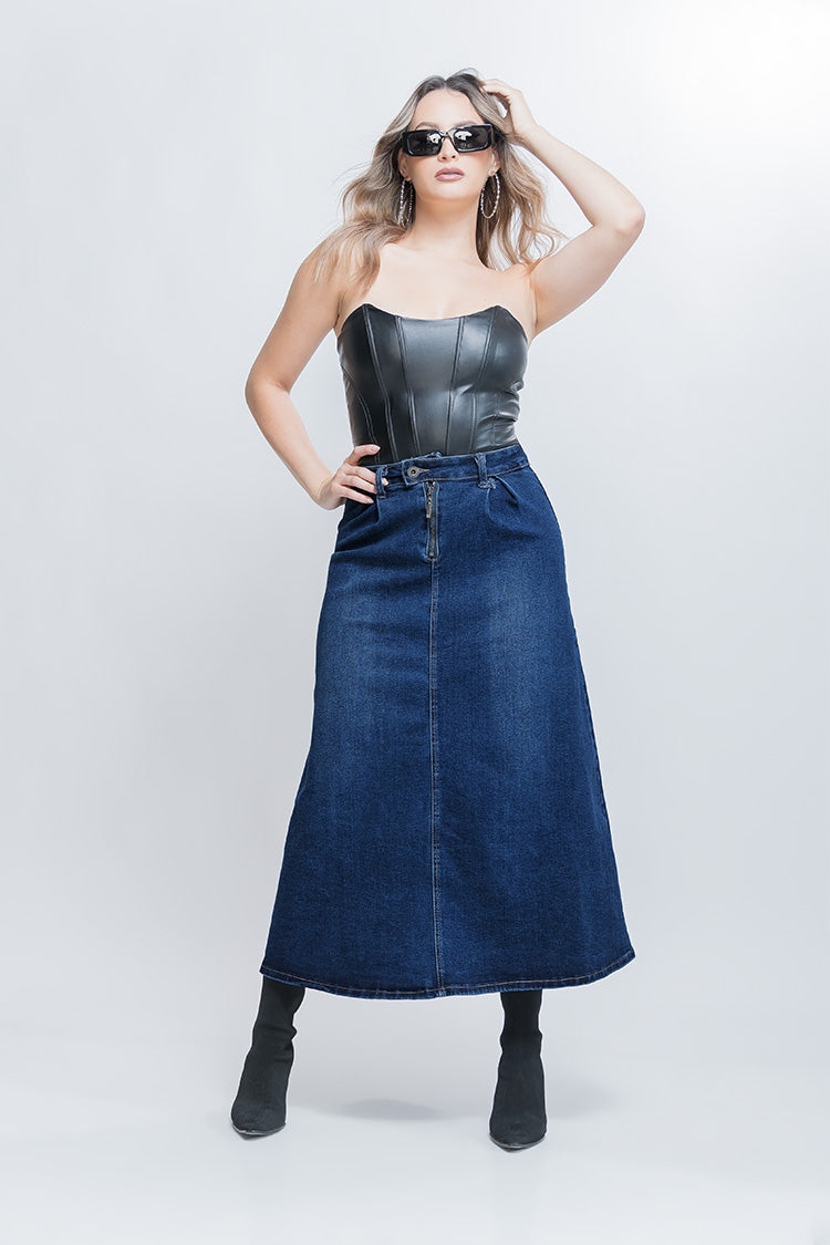 Falda de Mezclilla Vaquera Midi  Azul Marino para Mujer
