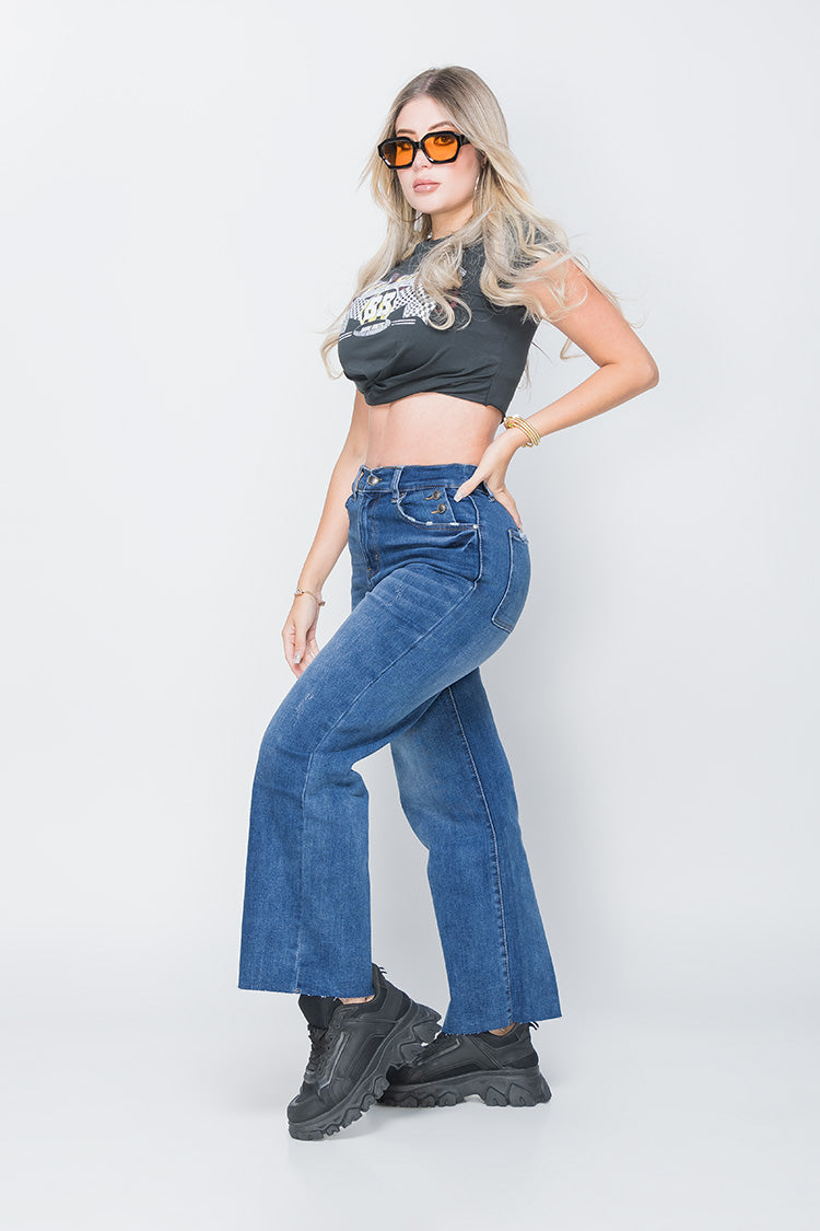 Jeans Wide Leg, Cintura Alta y Bolsillos