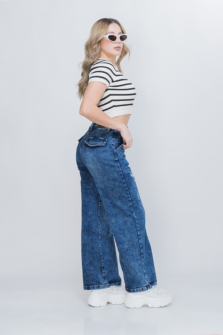 Jeans Wide Leg Desgastados y Cintura Alta