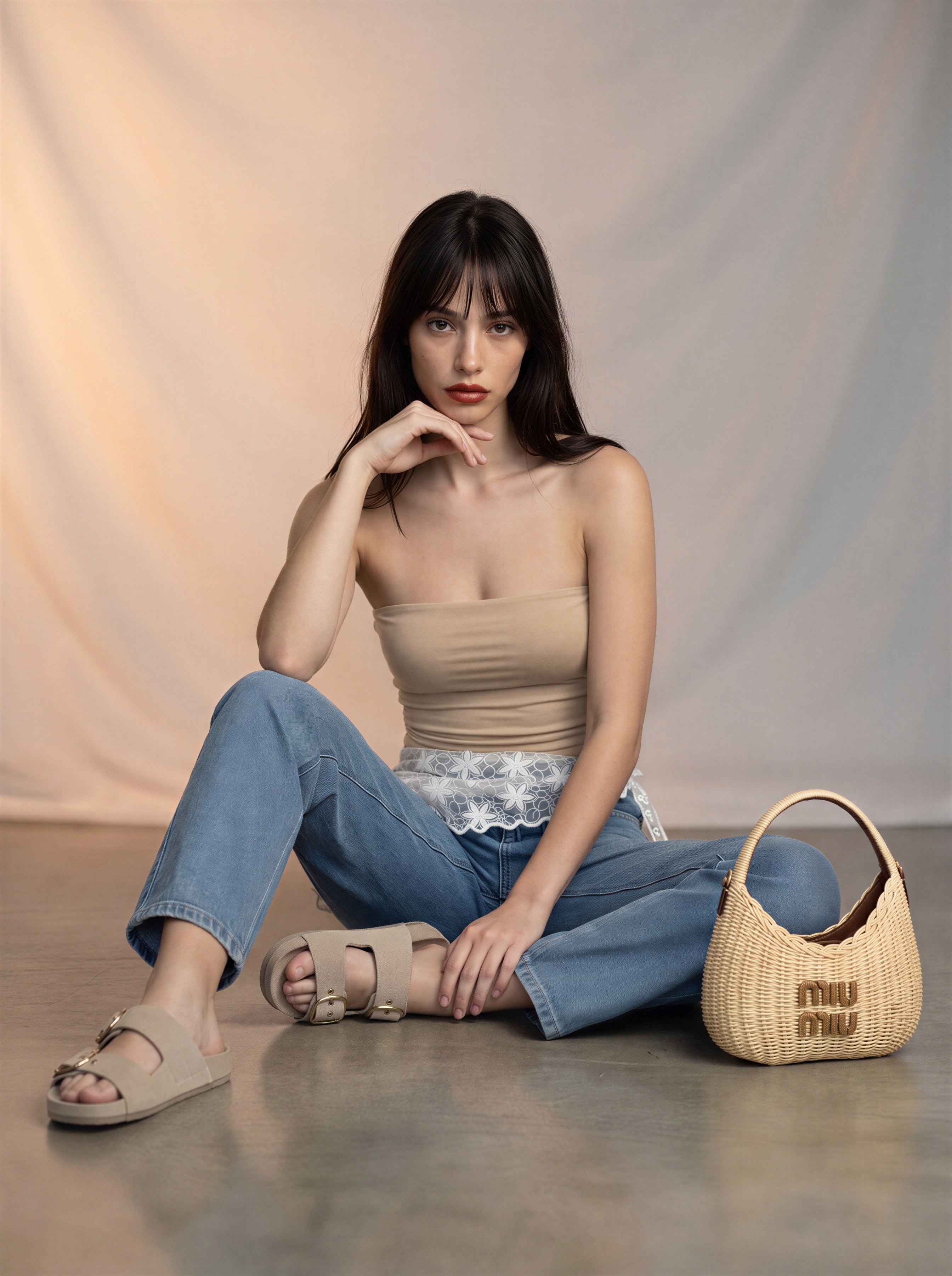 Jean Barrel Azul Claro con Pañoleta Blanca de Encaje