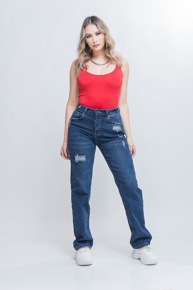 Jeans Straight Tiro Alto Rotos - Moda Clásica