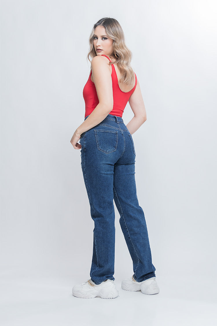 Jeans Straight Tiro Alto Rotos - Moda Clásica