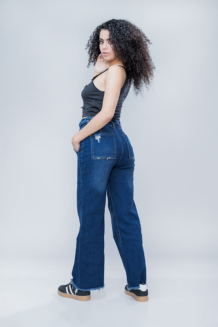 Jeans Wide Leg Deshilados con Cintura Elástica - Moda Chic