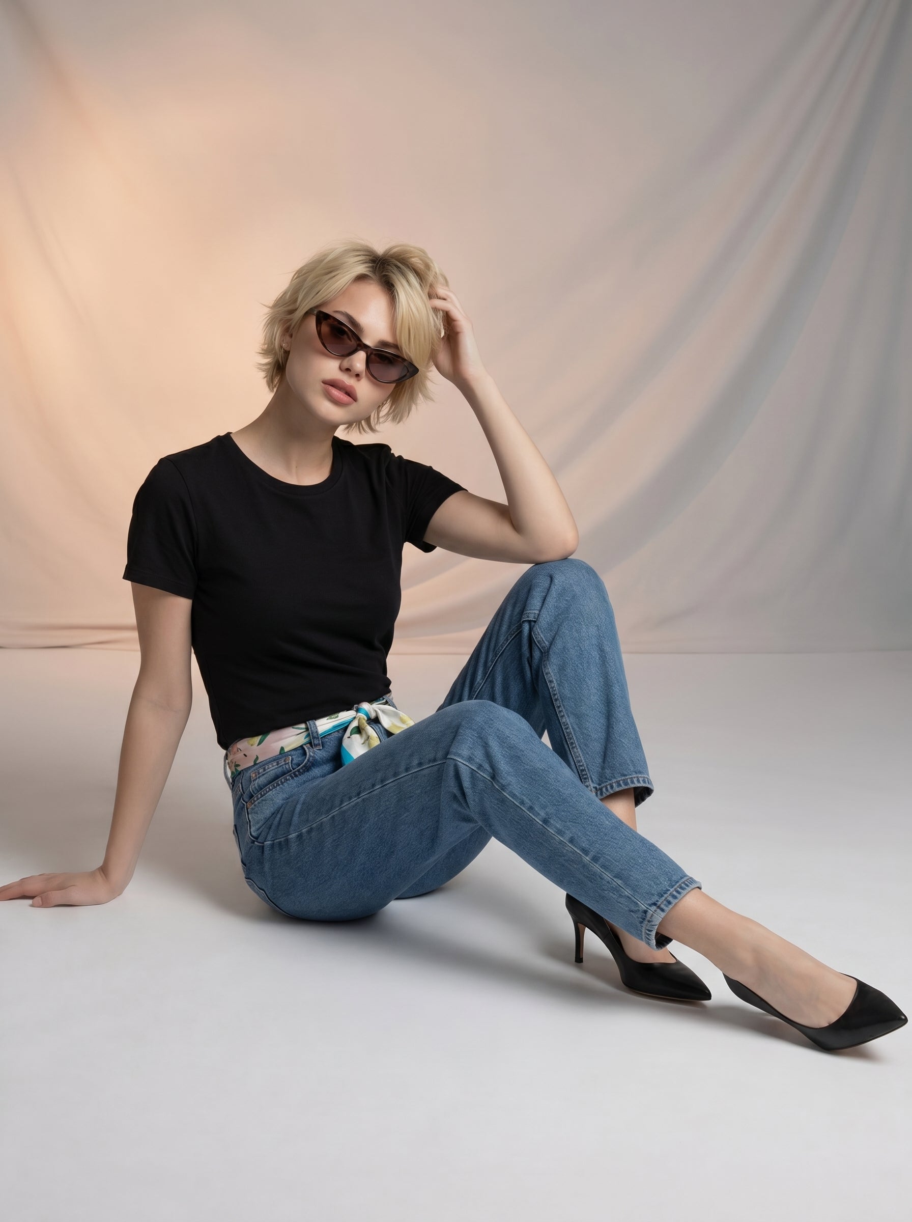 Jean Curved Strass– Azul Medio con Mascada