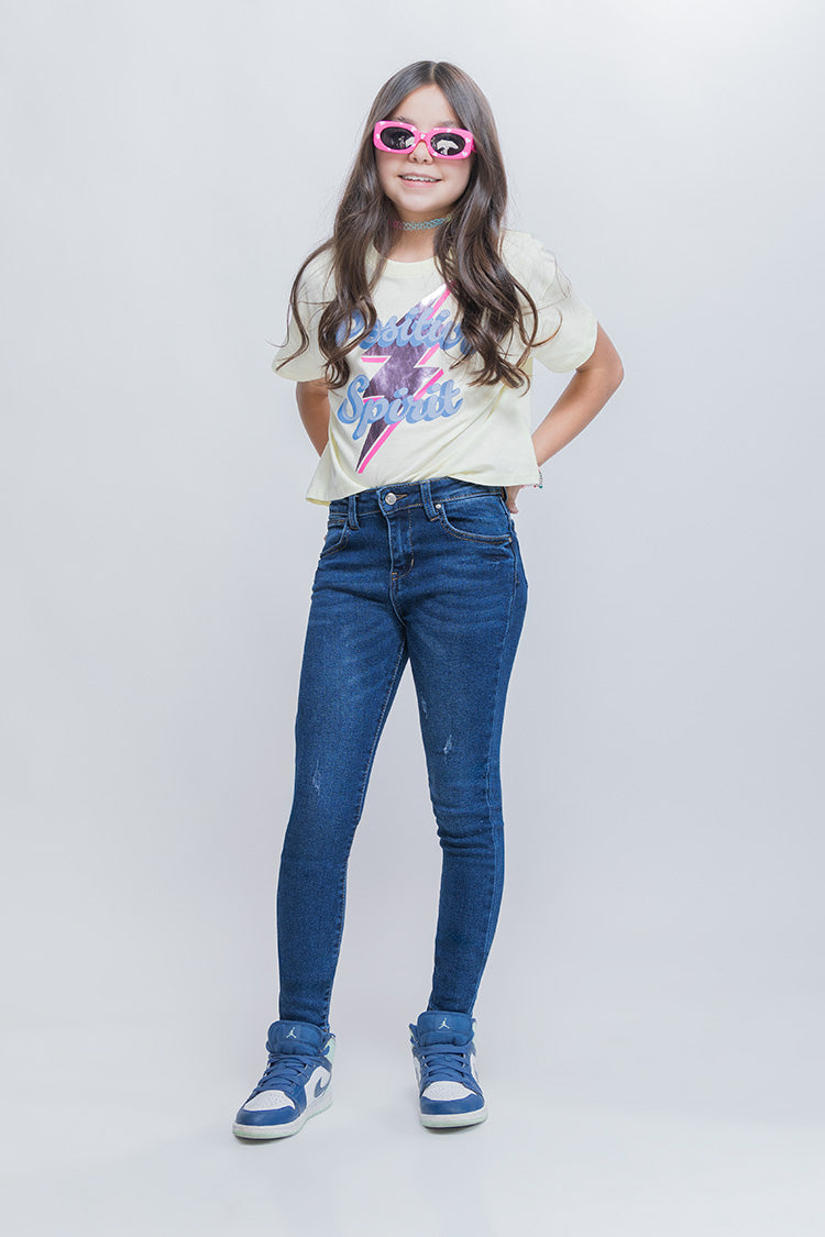 Jeans Skinny Fit de Niña con Deslavado y 5 Bolsillos