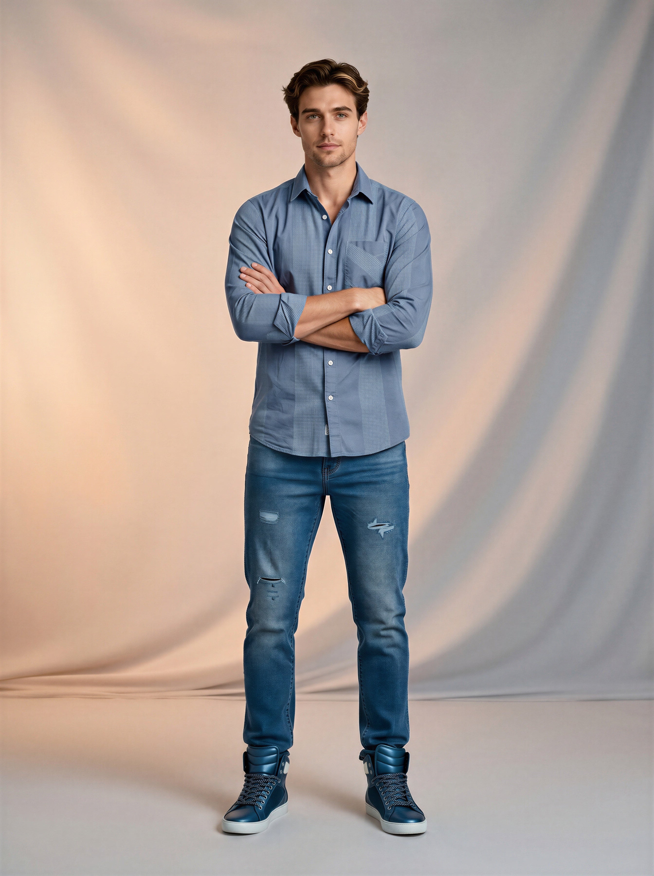 Jeans Slim para caballero con rotos azul medio