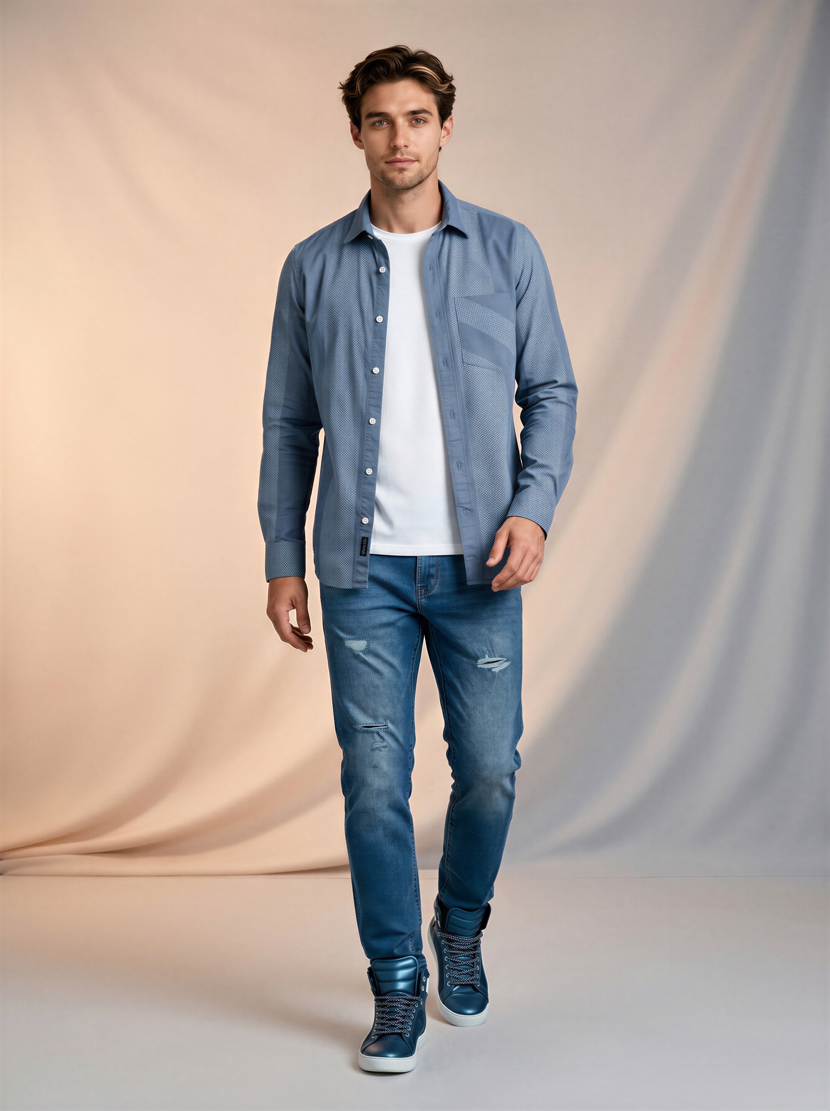 Jeans Slim para caballero con rotos azul medio