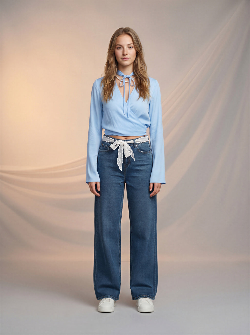 Jean Straight Fit con Encaje – Azul Medio