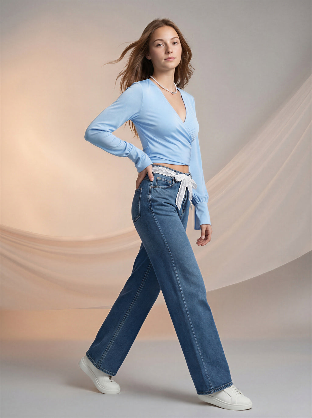 Jean Straight Fit con Encaje – Azul Medio