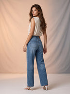 Jean Marine Azul Stone Con Flores MON-3091