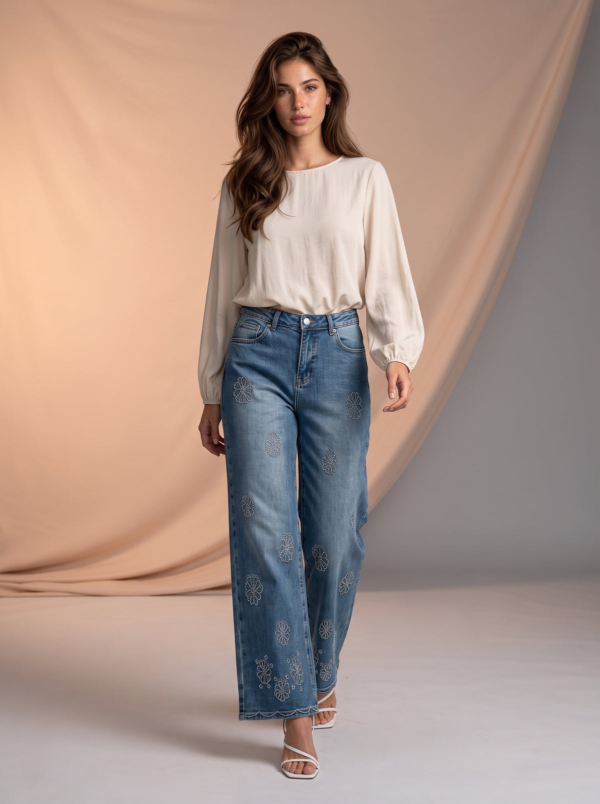 Jean Marine Azul Stone Con Flores MON-3091