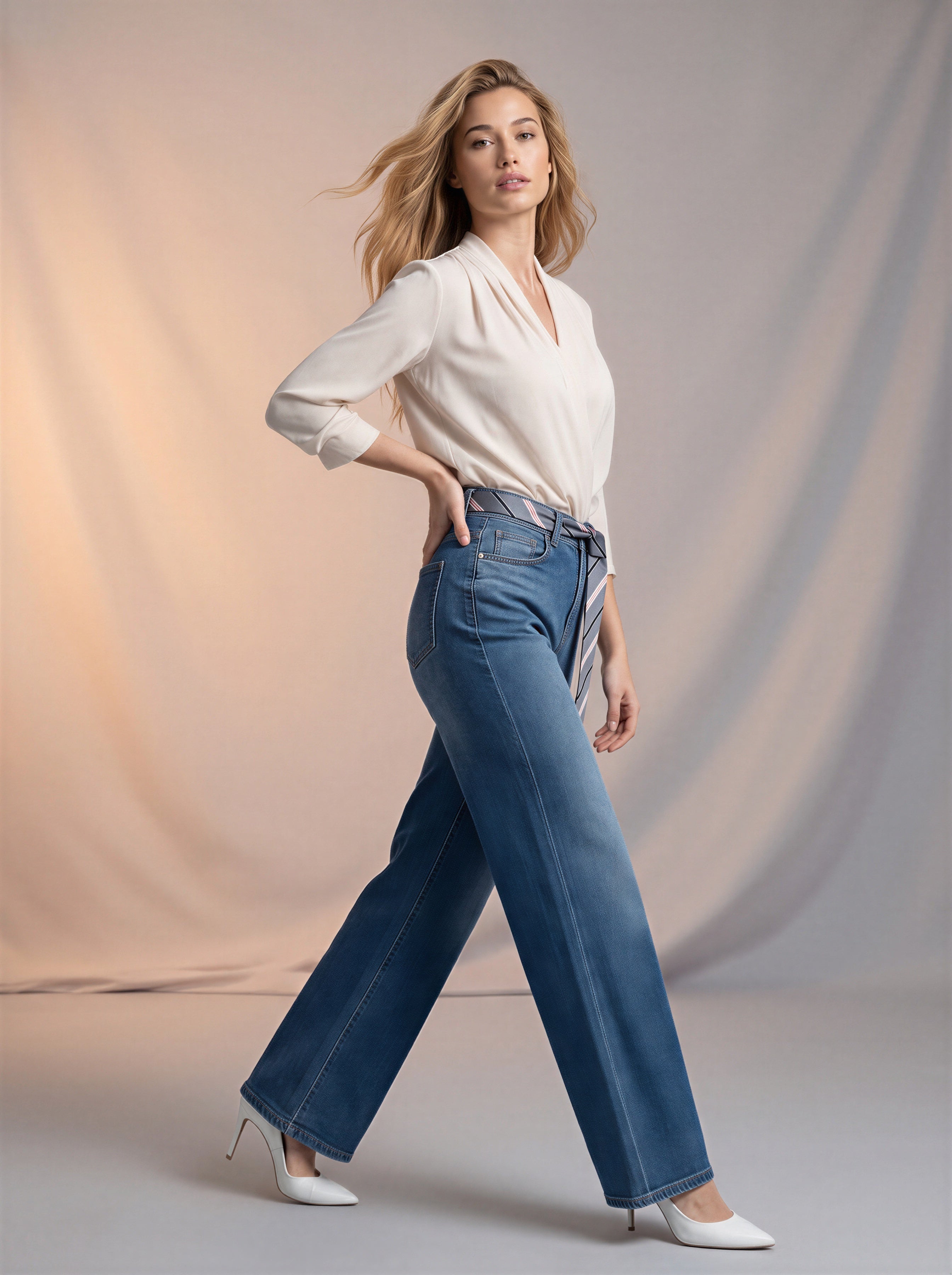 Wide Leg Azul Medio con Corbata