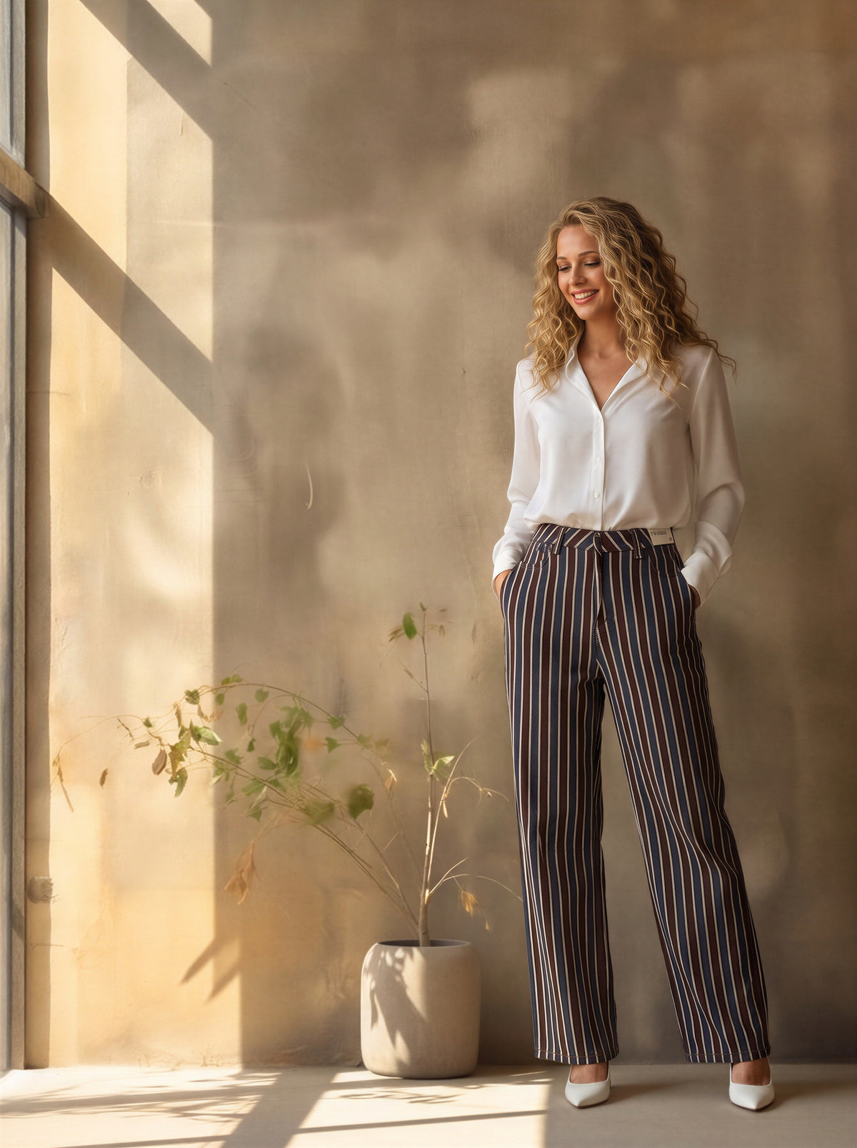 Jean Marine Con Rayas Café, Gris y Beige MON-3171