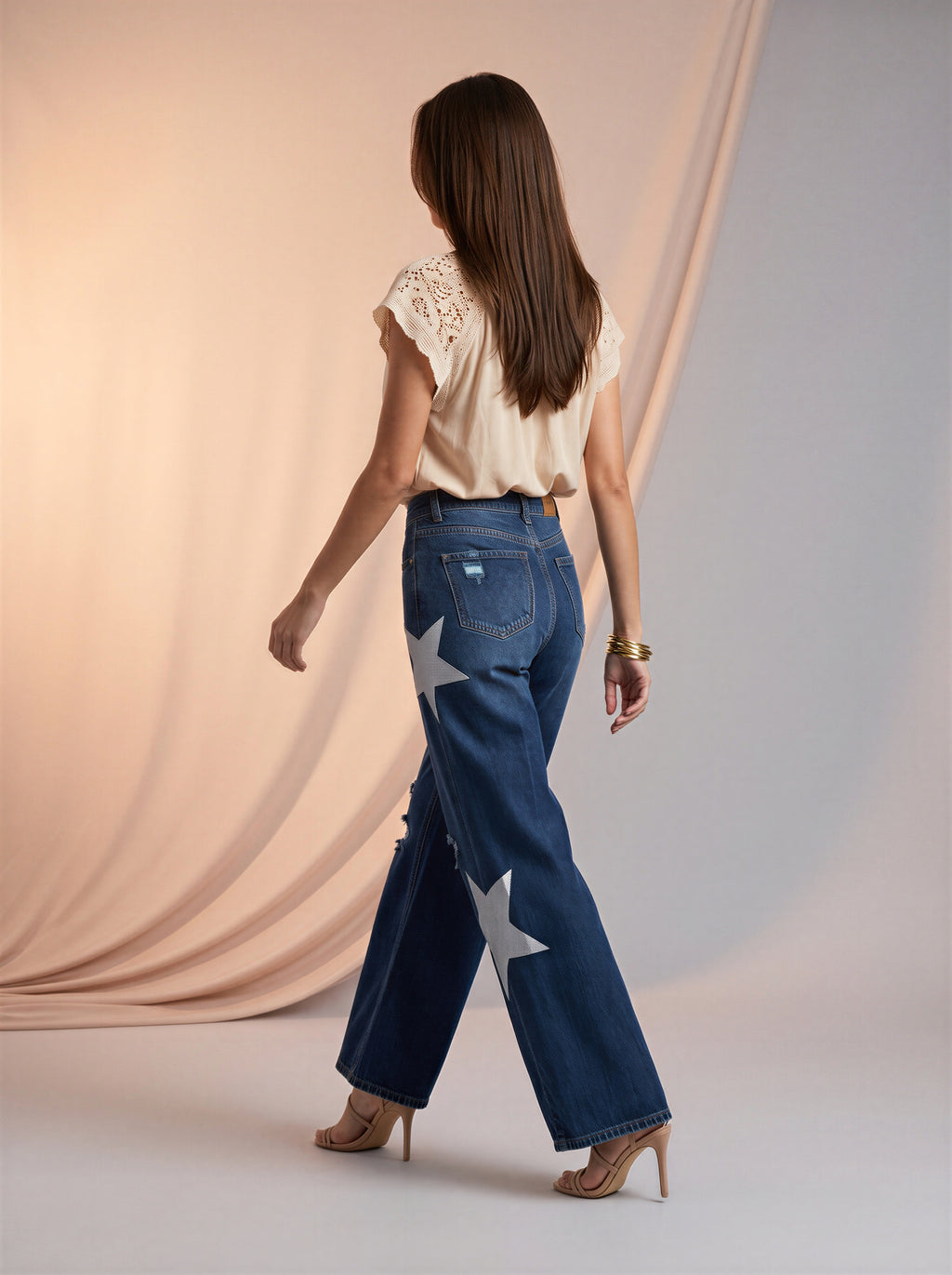 Wide Leg Azul Medio con rotos y estrellas