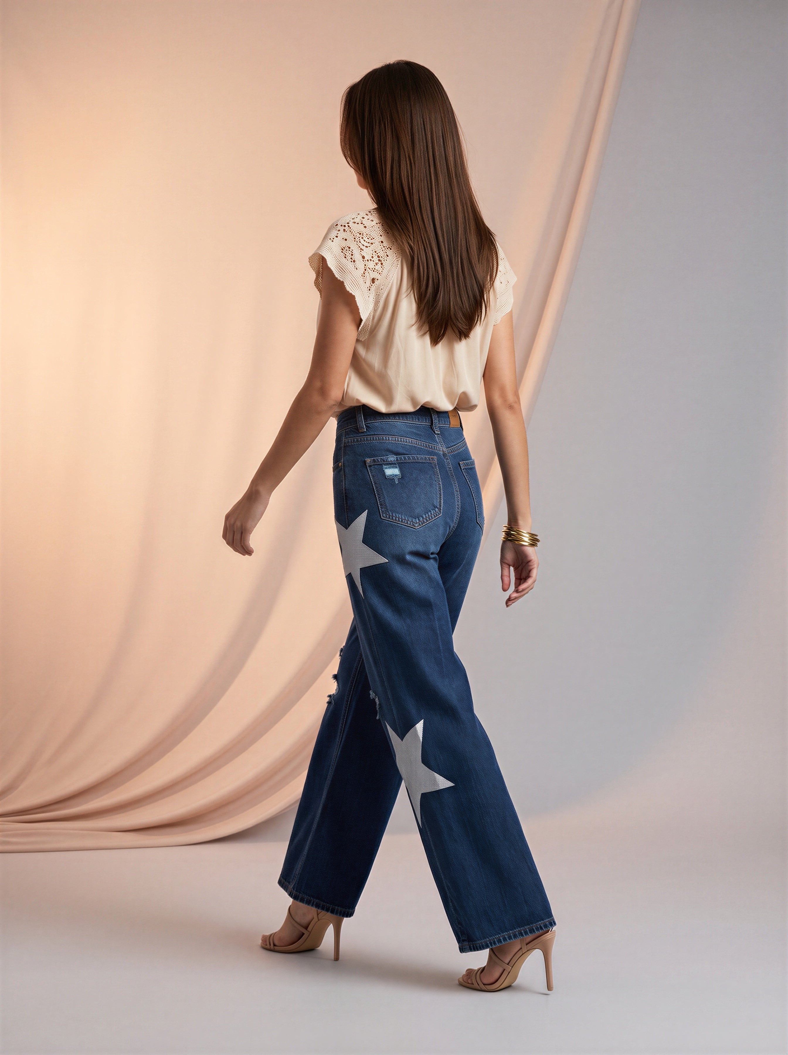 Wide Leg Azul Medio con rotos y estrellas
