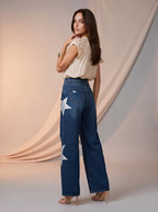 Wide Leg Azul Medio con rotos y estrellas