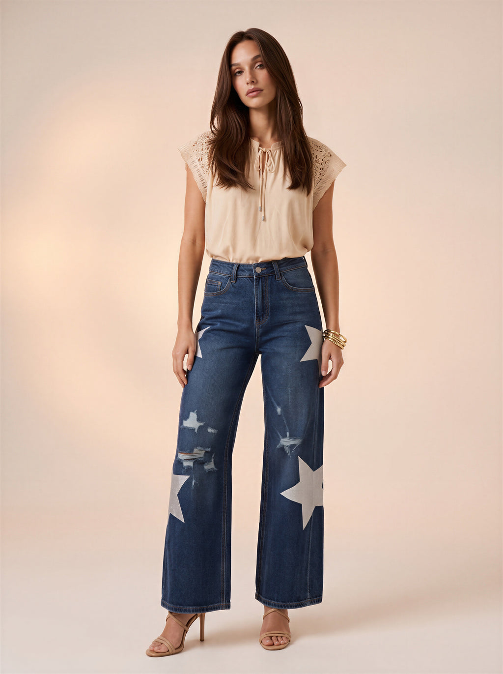Wide Leg Azul Medio con rotos y estrellas