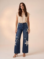 Wide Leg Azul Medio con rotos y estrellas