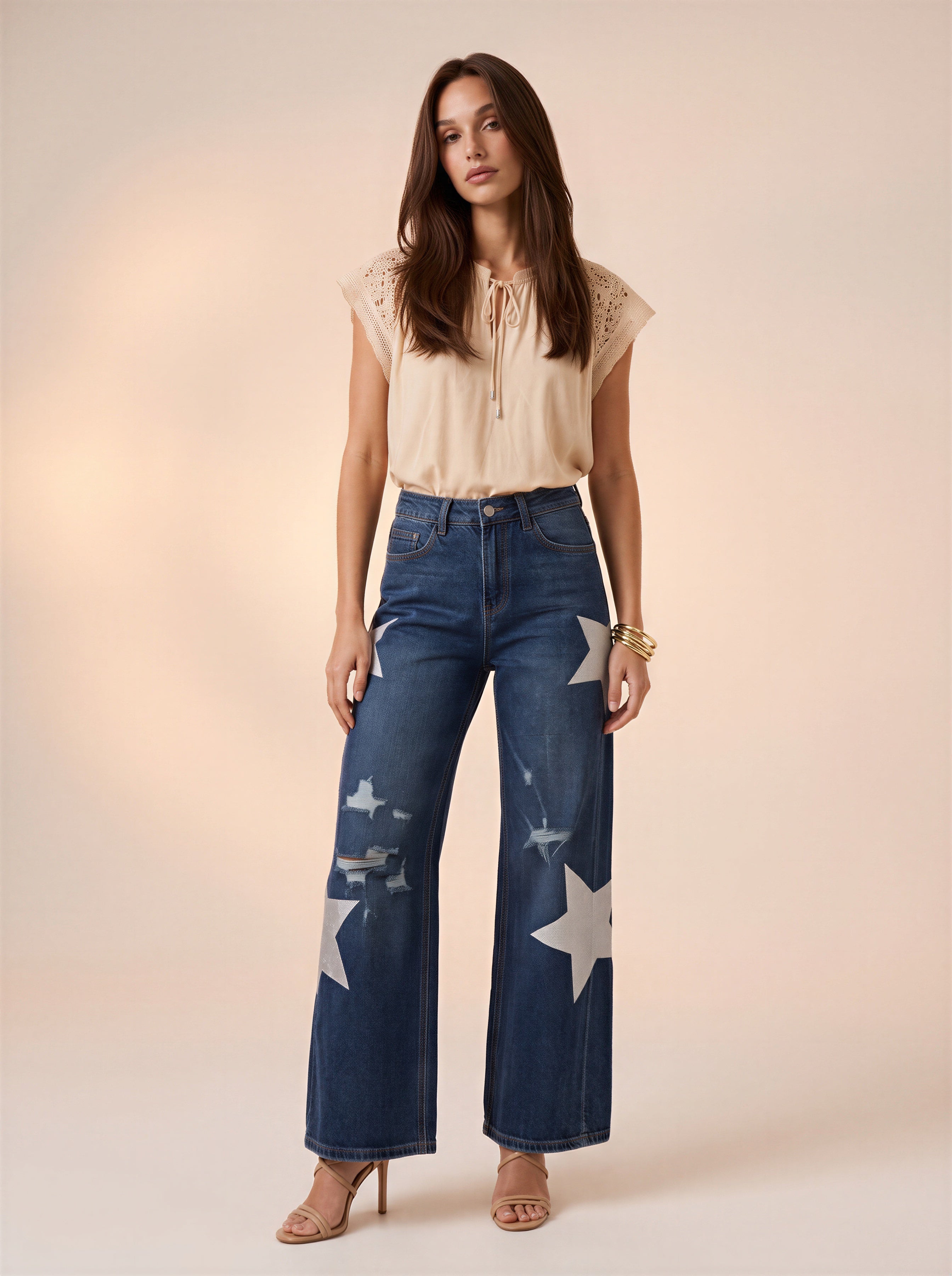 Wide Leg Azul Medio con rotos y estrellas