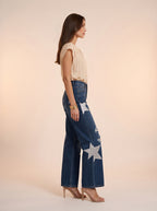 Wide Leg Azul Medio con rotos y estrellas