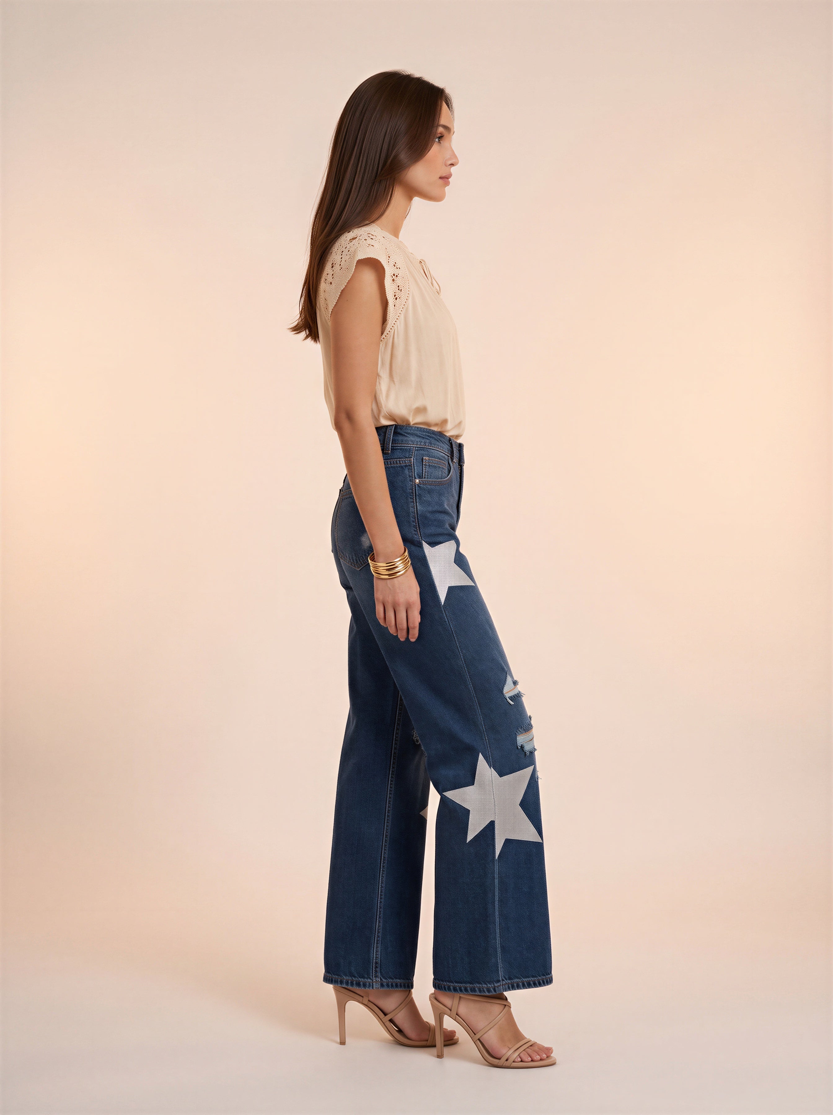 Wide Leg Azul Medio con rotos y estrellas