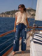 Wide Leg Azul Medio con rotos y estrellas