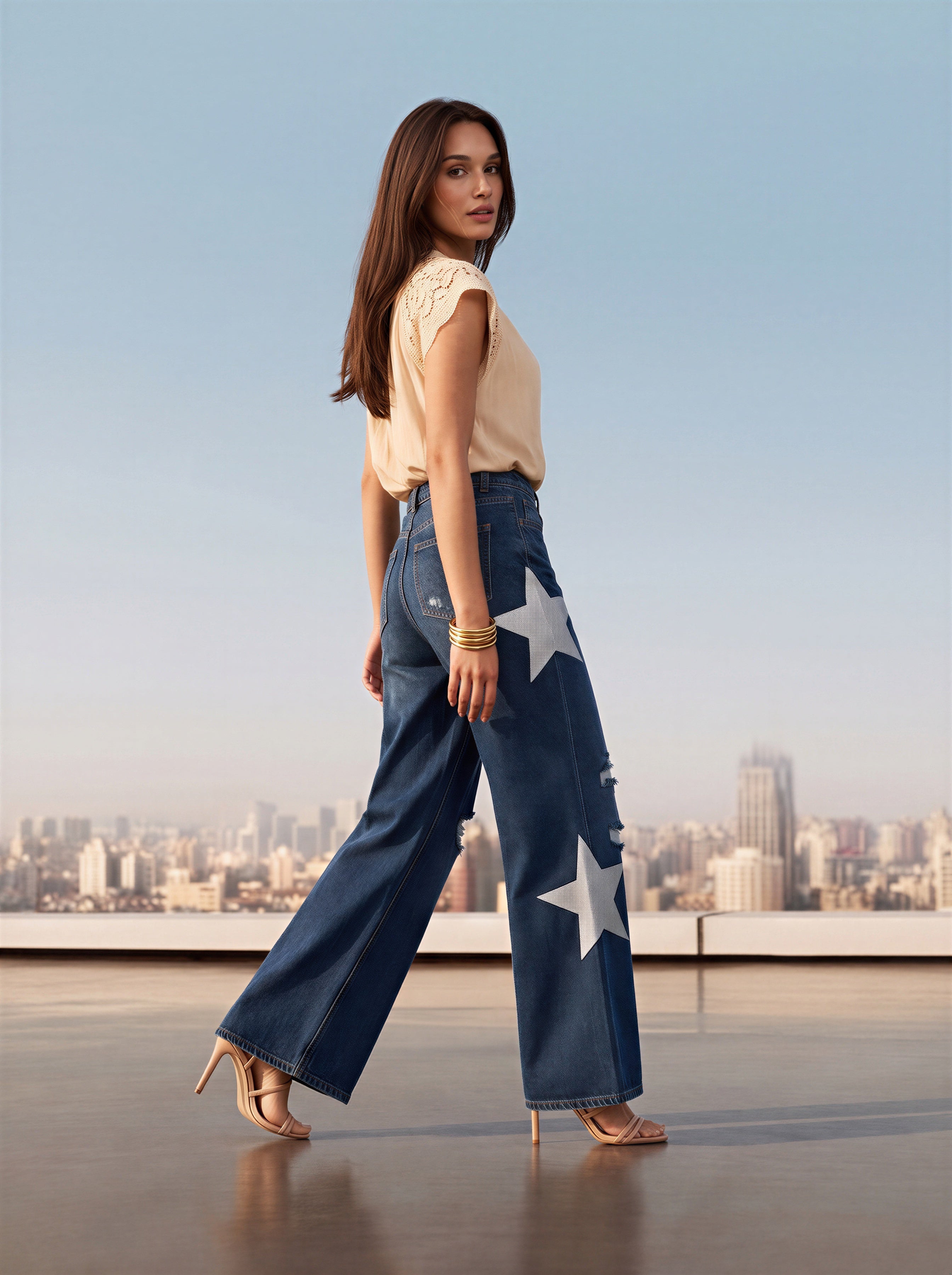 Wide Leg Azul Medio con rotos y estrellas