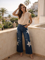 Wide Leg Azul Medio con rotos y estrellas