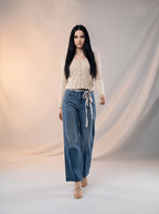 Wide Leg Azul Stone con Cinturón de Cuerda