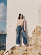 Wide Leg Azul Stone con Cinturón de Cuerda