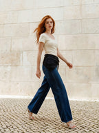 Wide Leg Azul Marino con Pañoleta de Encaje Negro
