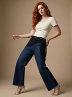 Wide Leg Azul Marino con Pañoleta de Encaje Negro