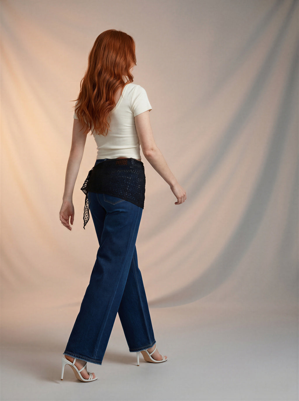Wide Leg Azul Marino con Pañoleta de Encaje Negro