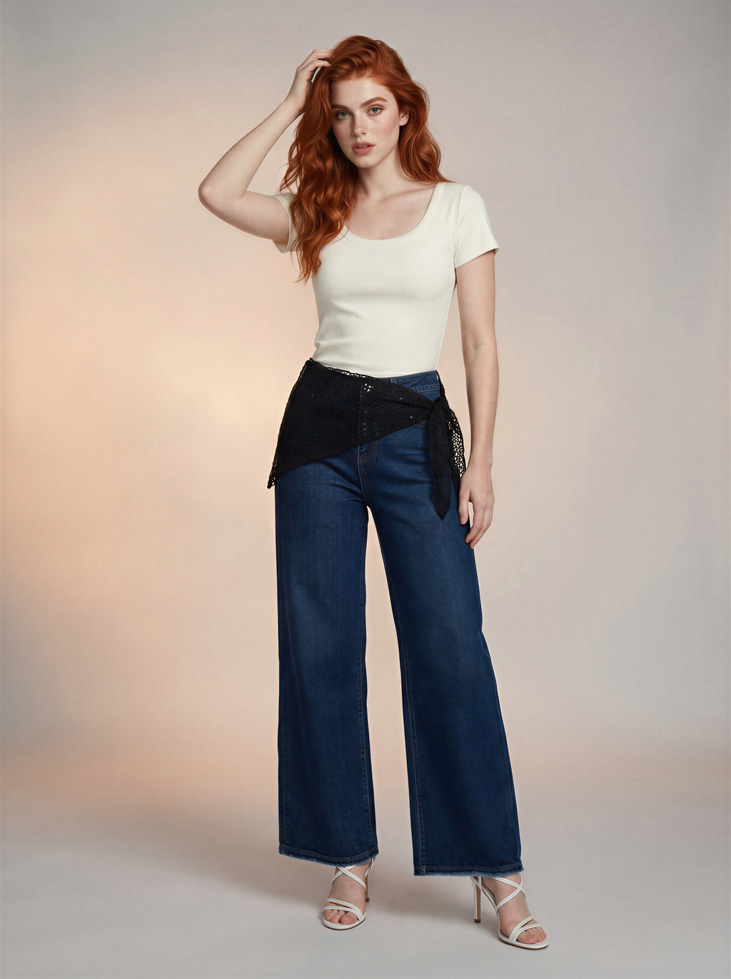 Wide Leg Azul Marino con Pañoleta de Encaje Negro