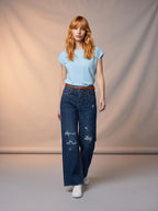 Wide Leg Azul Medio Marino con piedras y Cinto Café AG-1524