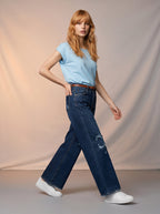 Wide Leg Azul Medio Marino con piedras y Cinto Café AG-1524