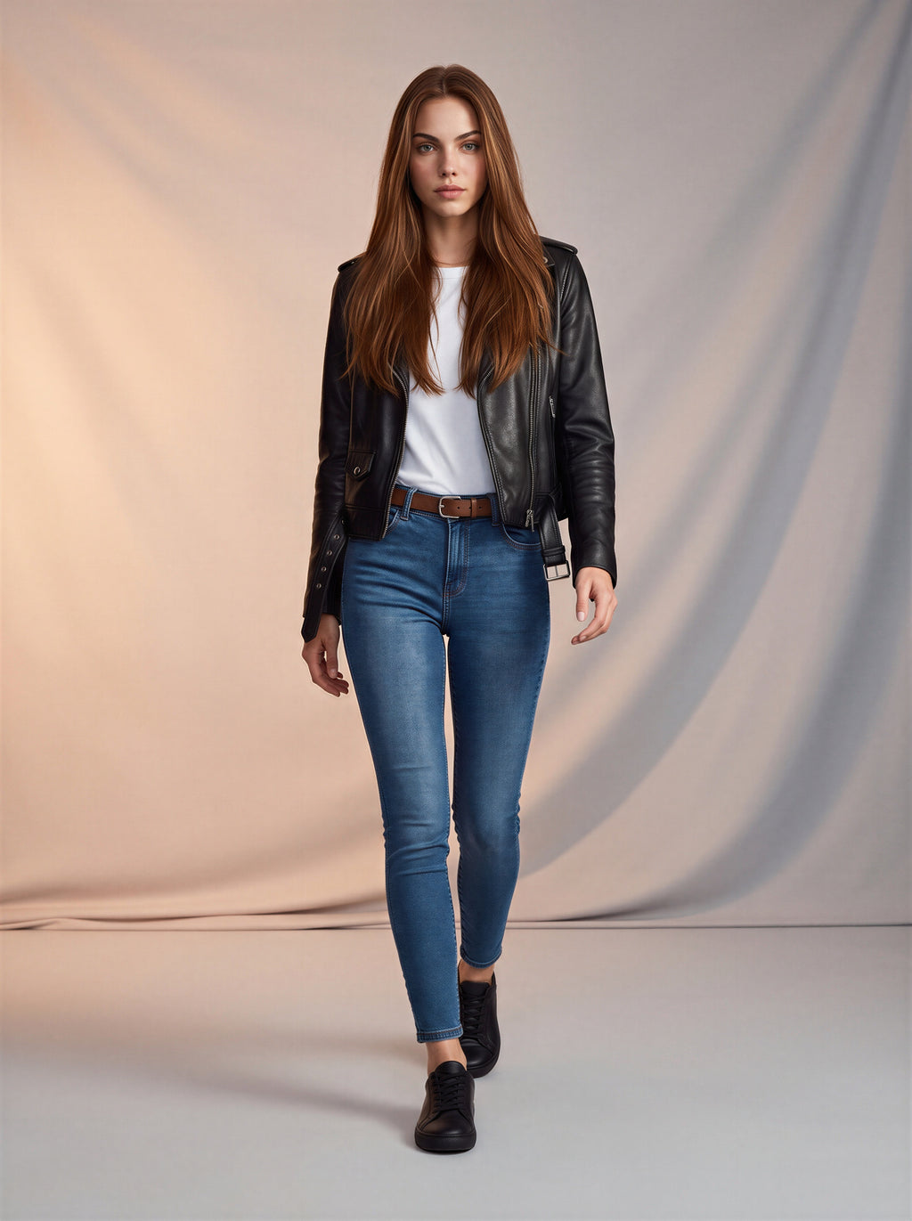 Jean Skinny Ajustado Azul Medio Con Cinto Café AG-1926