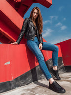Jean Skinny Ajustado Azul Medio Con Cinto Café AG-1926