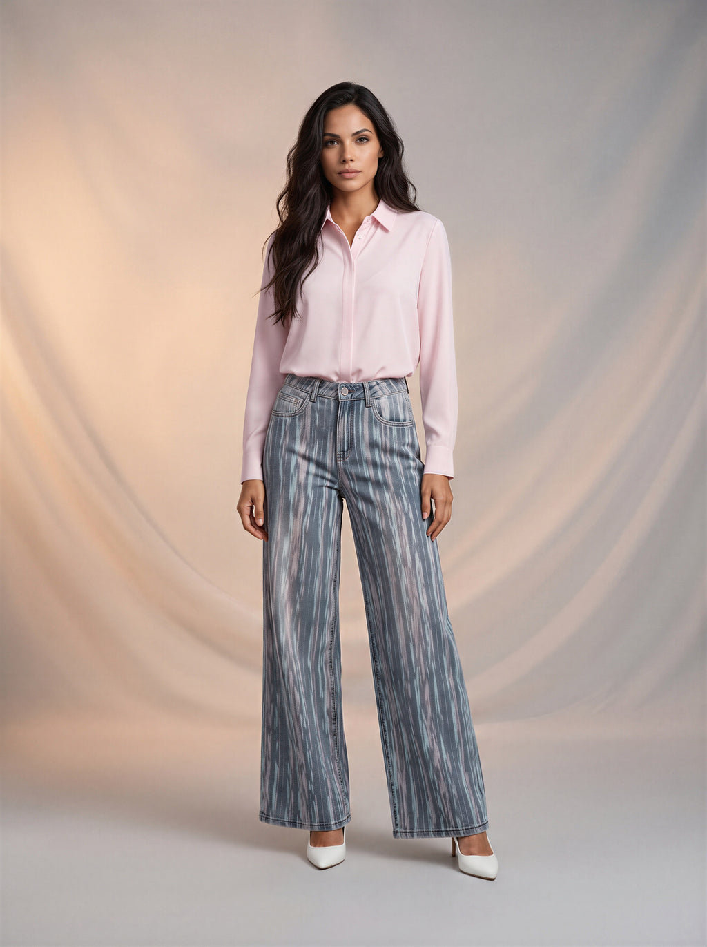 Wide leg azul con textura efecto pintura rosa y azul