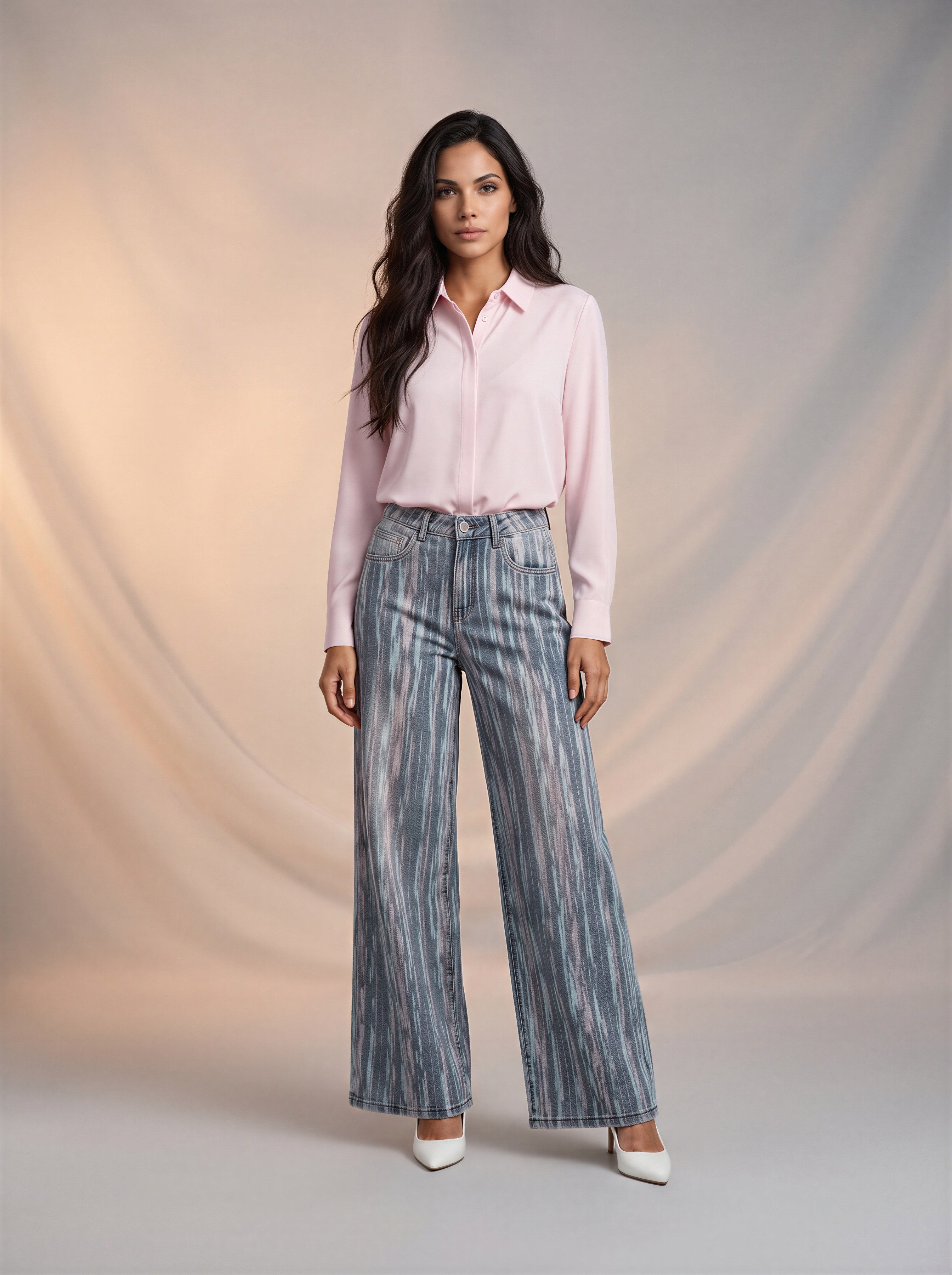 Wide leg azul con textura efecto pintura rosa y azul