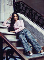 Wide leg azul con textura efecto pintura rosa y azul